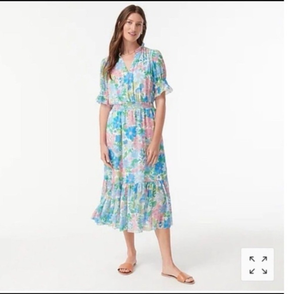 J. Crew Floral Midi Dress in Blue, Pink, Green